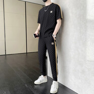 艾特蘭（Ardenland）【上衣+褲子】冰絲短袖t恤男士夏季潮牌青年兩件套休閑套裝衣服男 361黑色長(cháng)褲套裝 XL(125-140斤)