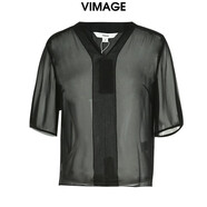 緯漫紀（VIMAGE）黑色網(wǎng)紗寬松雪紡衫顯瘦舒適百搭清爽夏新款VB2313102 黑色20 S (1)