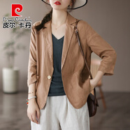 皮爾卡丹（pierre cardin）純亞麻西裝外套女春薄款2025年新款麻料七分袖夏季休閑棉麻小西服 卡其色 L