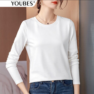 優(yōu)貝爾斯（YOUBES）80支雙面絲光棉T恤女長(cháng)袖春秋款百搭純色打底衫女內搭外穿女上衣 白色圓領(lǐng) XL碼(110-120斤)