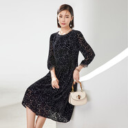 亦朵黑色金絲絨真絲連衣裙女中長(cháng)款春秋季植絨提花杭州桑蠶絲裙子 黑色 L