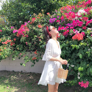 miss nitaly女裝褶皺小清新海邊度假極簡主義民族冷淡慵懶風連衣裙子 白色 S