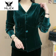 MLEX鑫儷女裝京親2023春季長(zhǎng)袖V領(lǐng)金絲絨盤扣氣質(zhì)媽媽裝開衫上衣2305# 綠色 2XL 110-120