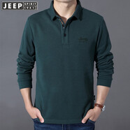 JEEP SPIRIT吉普休閑純棉長袖t恤寬松厚款秋季翻領(lǐng)羅紋體恤開衩純色繡標(biāo)上衣 墨綠 厚款 M (170) /92A建議120-130斤