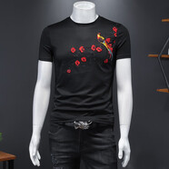 閃爆夏季短袖T恤男圓領(lǐng)修身彈力梅花刺繡半袖小衫夏天潮男夏裝t恤衣服 3811黑色 M