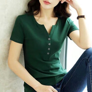 登森奧奧新款純棉短袖t恤女夏裝半袖女裝V領(lǐng)顯瘦短袖女T恤修身上衣 綠色 4XL 建議140-160斤