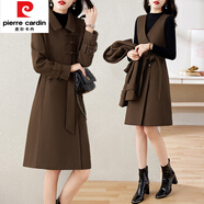皮爾卡丹（pierre cardin）毛呢兩件裝連衣裙女春秋冬裝新款洋氣復(fù)古加厚高級(jí)感套裝裙子外套 咖色 2XL