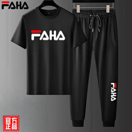 FAHA輕奢品牌短袖T恤男運動套裝男士春夏新款寬松跑步短褲運動褲男裝 大F黑色長 4XL（建議200-220斤）