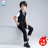 閃閃藍寶 夏季新款兒童禮服花童兒童西裝套裝主持人服裝表演服小孩西裝演出服鋼琴演出服幼兒園畢業(yè)衣服男孩 黑色四件套（馬甲+短袖襯衫+長(cháng)褲+領(lǐng)結） 130cm建議體重43-50斤