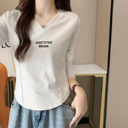 歐洛黛長(zhǎng)袖t恤女v領(lǐng)2025春裝女新款修身顯瘦正肩t恤女不規(guī)則內(nèi)搭上衣女 ODE小英文（白色）長(zhǎng)袖V M
