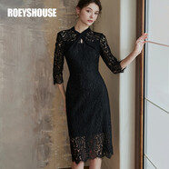 ROEYSHOUSE羅衣優(yōu)雅鏤空蕾絲連衣裙女秋裝新款氣質(zhì)七分袖包臀裙子08103 黑色 M