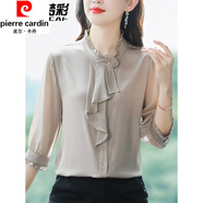皮爾卡丹（pierre cardin）真絲短袖襯衫女夏季新款時尚洋氣荷葉邊氣質(zhì)小衫桑蠶絲上衣 卡其色 L