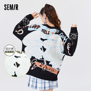 森馬森馬開(kāi)衫女V領(lǐng)中長(cháng)款毛衣秋新款oversize提花毛衫 黑色調0199 155/80A/S