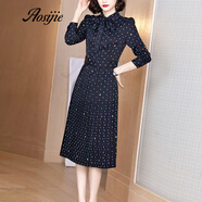 奧絲婕（Aosijie）波點(diǎn)連衣裙女長(cháng)袖春秋新款氣質(zhì)polo領(lǐng)中長(cháng)款時(shí)尚收腰顯瘦百褶裙 黑色 M/160