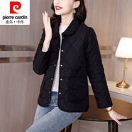 皮爾卡丹棒球服外套女2024秋冬季棉衣菱格寬松小個(gè)子短款輕薄棉服冬裝 黑色 M