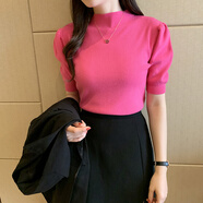 皮爾卡丹（pierre cardin）半高領(lǐng)打底衫女秋冬內搭短袖針織衫毛衣2025春裝新款泡泡袖上衣 玫紅色(8655) 均碼