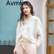 潮牌Avmko毛衣2022春季新款v領勾花鏤空針織蝙蝠衫女寬松慵懶套頭馬海毛毛衣 白色  均碼 建議80~125斤內(nèi)