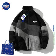 NASA LIKE官方搖粒絨外套男春秋季拼色加厚保暖夾克男女羊羔絨棉服男士上衣 黑色 XL （建議140-160斤）
