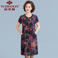 俞兆林（YUZHAOLIN）中老年女裝連衣裙短袖夏中長(zhǎng)裙新款大碼胖mm印花棉綢媽媽裝裙子女 006-抽象花 XL 90-105斤