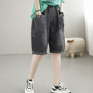 月袖牛仔褲女夏季新款短褲直筒拼接休閑五分褲復古寬松中褲女裝哈倫褲 黑色 2XL 140-160斤