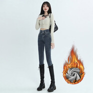 Avmko2023秋冬新款加絨加厚修身牛仔褲女雙扣高腰九分彈小腳彈力靴褲 藍(lán)灰色加絨加厚 26