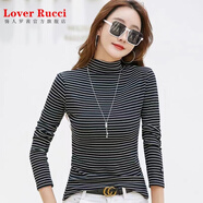 LOVER RUCCI條紋打底衫女春秋歐洲站女裝2025新款半高領(lǐng)純棉長(cháng)袖t恤內搭上衣 黑條 XL (115-125斤)