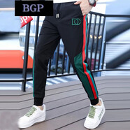 BGP潮牌歐美風(fēng)男士潮流字母刺繡側(cè)面撞色編織時(shí)尚帥氣束腳休閑長(zhǎng)褲 黑色 2XL（33-34）
