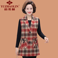 俞兆林（YUZHAOLIN）媽媽春裝格子馬甲外套寬松中老年女春秋中長(zhǎng)款西裝領(lǐng)無(wú)袖馬夾坎肩 紅色 XL 90-110斤