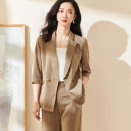 米思陽2024秋季新款知性通勤豎條紋西裝外套直筒顯瘦OL西服女1027 香檳色 S