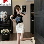 皮爾卡丹（pierre cardin）時(shí)尚氣質(zhì)休閑牛仔半身裙短袖體恤套裝女夏季2025新款包臀裙兩件套 黑色體恤 M