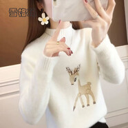 雪格瑪女裝仿水貂絨卡通刺繡毛衣女秋冬季新款韓版寬松學(xué)生半高領(lǐng)加厚打底針織衫 白色小鹿_仿貂絨 XS_建議25斤