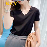 KCV女裝純色短袖女新品V領(lǐng)釘珠T(mén)恤女百搭顯瘦氣質(zhì)簡(jiǎn)約寬松上衣 V/領(lǐng)黑色 S