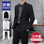 羅蒙旗艦店高檔定制休閑西服套裝男士正裝春秋商務(wù)小西裝結(jié)婚禮服外套 黑色西服+西褲+白襯衫 XL 碼(推薦121-140斤)