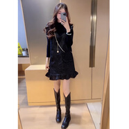 阿瑪瑟（amase）小香風(fēng)連衣裙套裝女秋季新款富家千金減齡氣質(zhì)打底衫背帶裙兩件套 黑色 兩件套 S(建議80-100斤)