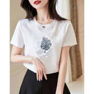 德瑪納（dme）【樹葉亮片繡花女式t恤】夏季棉氨針織圓領(lǐng)短袖t恤女