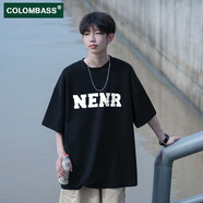 Colombass純棉短袖t恤男夏季日系字母印花潮牌休閑潮流寬松半袖打底體恤衫 黑色 L/175(建議125-145斤)