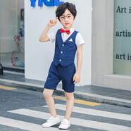 蘿卜唄唄 新款兒童禮服男西裝男童西服兒童演出服幼兒園畢業(yè)禮服花童小主持人正裝套裝夏小西裝鋼琴演奏服 藍(lán)色四件套（馬甲+襯衫+褲子+領(lǐng)結(jié)） 160cm建議體重68-77斤