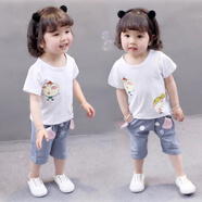 潮牌豬女童夏裝套裝女寶寶夏天短袖褲子衣服洋氣女童裝夏季小孩套裝韓版 白色 XT 娃娃短袖套裝 90 cm【適合20-25斤】