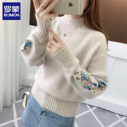羅蒙（ROMON）羊毛衫女毛衣女秋冬2024半高領(lǐng)純色毛衣韓版短款繡花袖針織打底衫 卡其色 S