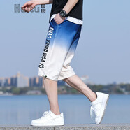 回圖短褲男七分褲夏季寬松韓版潮流休閑工裝中褲冰絲褲子男褲休閑褲 212藍(lán)白色 2XL