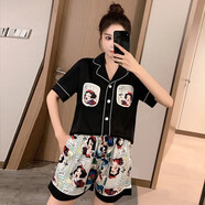 裴珂黛克（pinkdackeb）睡衣女夏冰絲薄款短袖可愛(ài)ins網(wǎng)紅開(kāi)衫家居服兩件套 黑色 S碼(85-110斤)