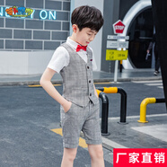 蘿卜唄唄 兒童西裝禮服男童禮服格子畢業(yè)服兒童幼兒園演出服男孩小西裝帥氣小孩西服表演 灰格四件套（馬甲+襯衫+短褲+領(lǐng)結(jié)） 130cm建議體重43-50斤
