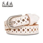 TOUCENGP頭層派皮帶女真皮頭層純牛皮夏季時尚百搭免打孔腰帶女細窄款裝飾 白色帶身寬2.4cm 95cm 體重95-105 /褲碼27-28
