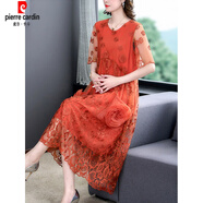 皮爾卡丹（pierre cardin）歐貨蕾絲連衣裙女中長款23夏季氣質(zhì)顯瘦刺繡歐根紗過膝a字長裙時(shí) 桔色 M