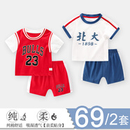 迪迪熊日記（DIDIXIONGRIJI）2件兒童套裝夏季短袖短褲小孩衣服0-1歲女童夏裝嬰兒男運動籃球服 短袖套裝(籃球服紅色+北大) 90cm(24M)