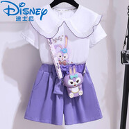 迪士尼（Disney）洋氣星黛露棉女童夏季短袖短褲套裝女童兒童網(wǎng)紅薄款兩件套裝 紫色   套裝+包包 120 身高110-120厘米內(nèi)