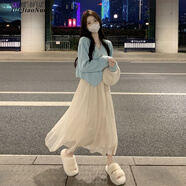 蝶嬌諾（DIEJIAONUO）連衣裙女裝2024新款秋季穿搭女套裝法式溫柔風(fēng)很仙網(wǎng)紗長(cháng)裙子衣服 藍色上衣+網(wǎng)紗裙 M