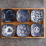 一淘一陶日式家用陶瓷醬醋調料咸菜小吃碟醋碟蘸料碟青花醬油碟方形碟盤(pán)子 JD－青花調料碟六個(gè)配竹盤(pán)