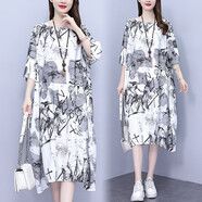 法蘿迪 連衣裙女裝夏季新款棉麻女裝時(shí)尚寬松中長(cháng)款女士短袖裙子 白色 3XL