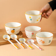 松發(fā)瓷器陶瓷釉下彩碗卡通高顏值2碗2勺宿舍飯碗湯勺學生餐具 郁金香黃